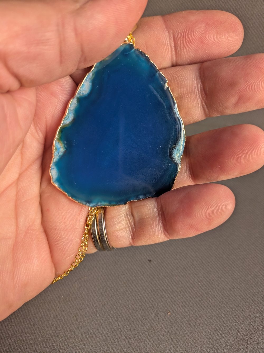 Gold-Trim Blue Agate Slice Pendant Necklace